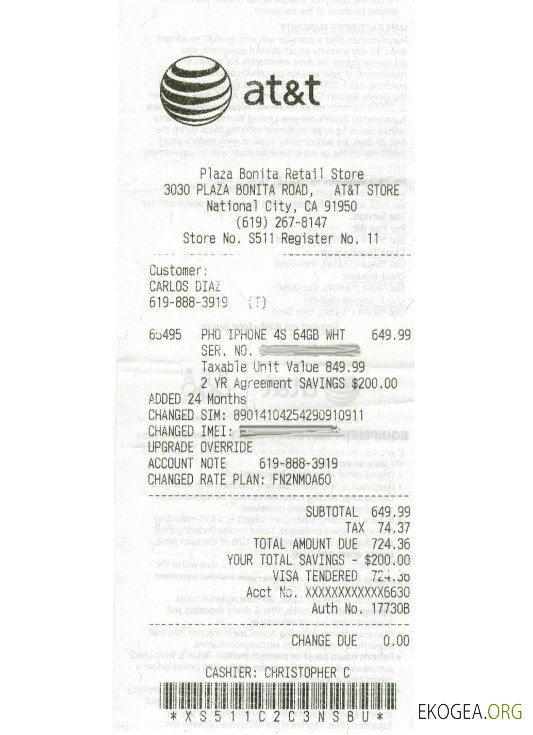 Reçu de la société de télécommunications At&t